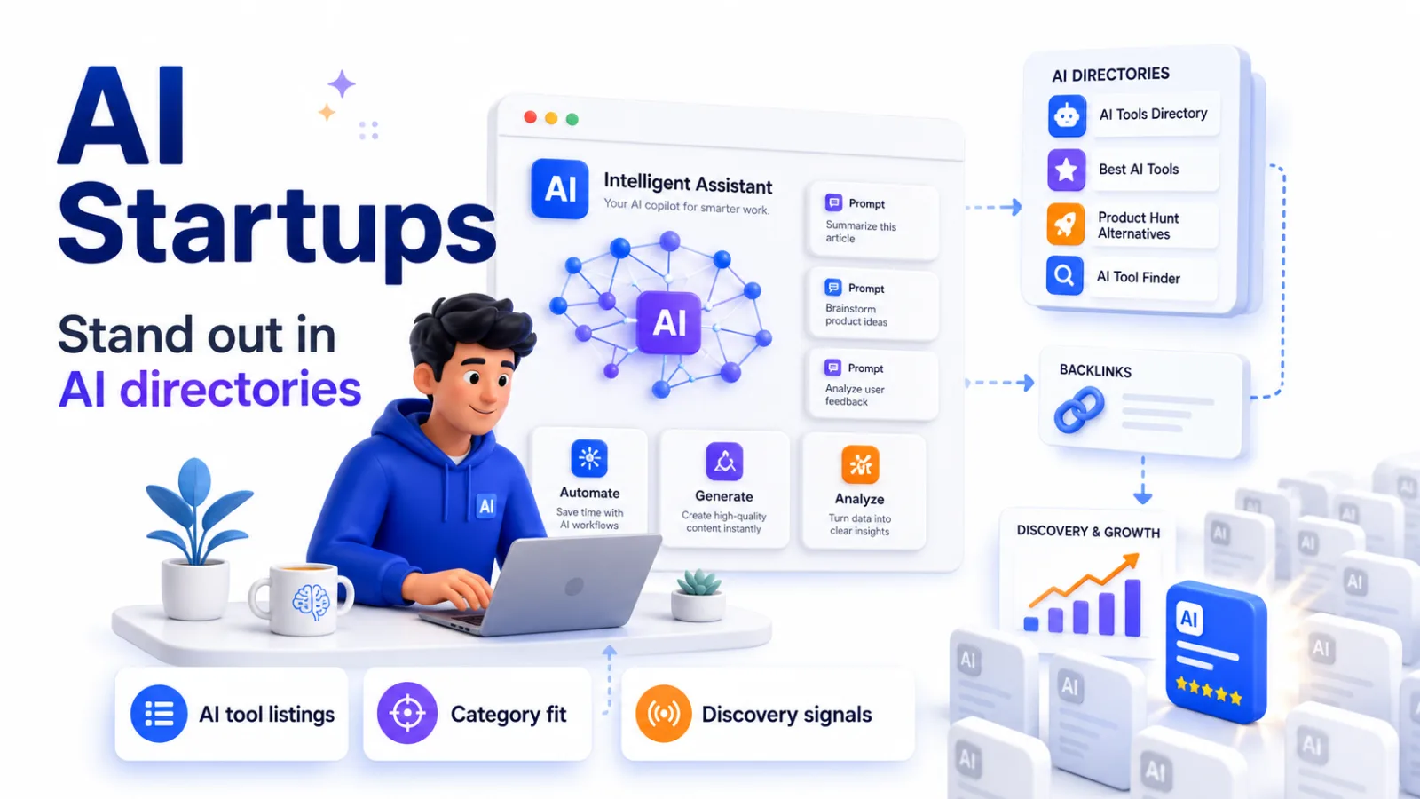 AI startup founder building discovery through AI directories, category listings, and search signals