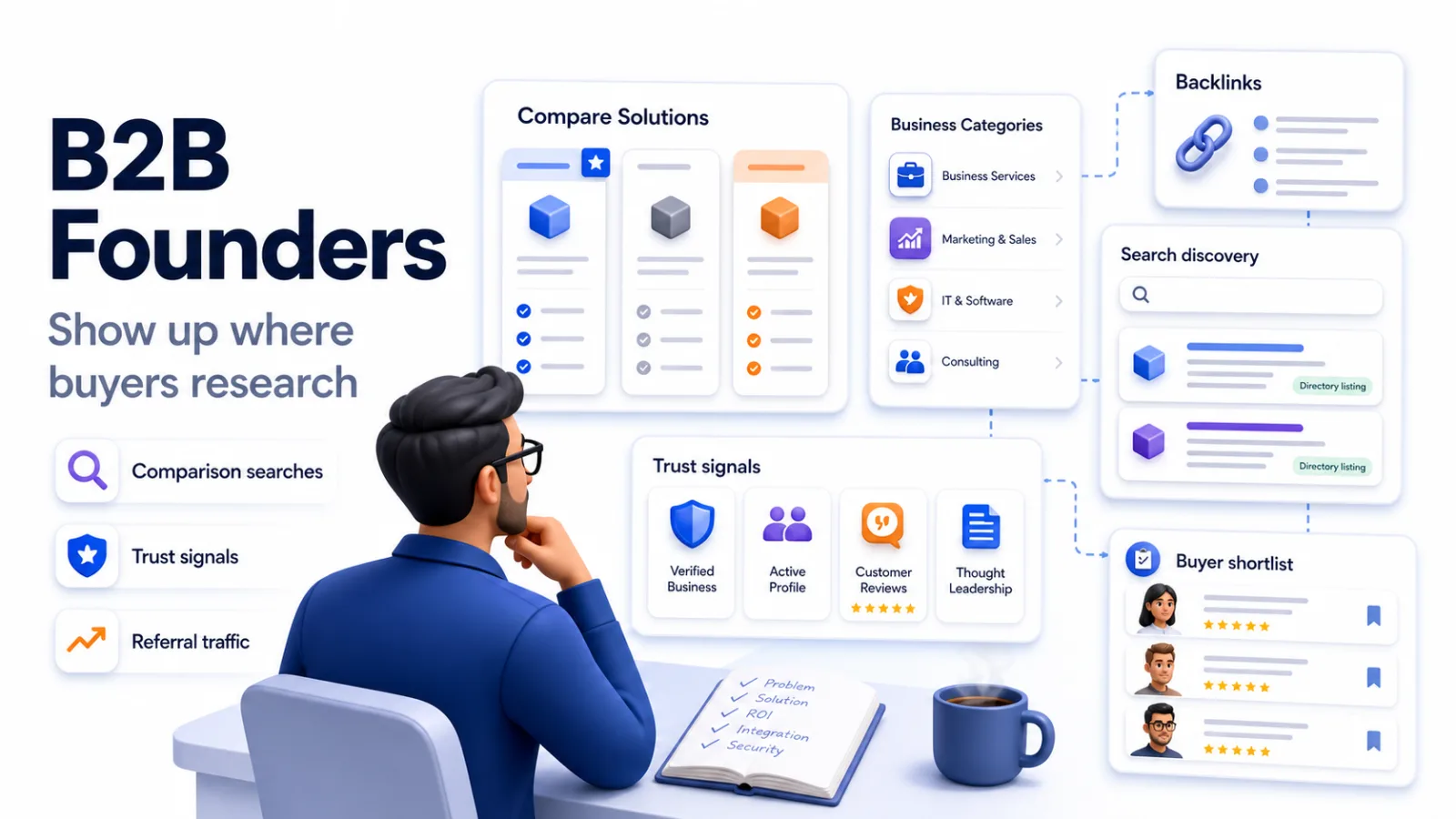 B2B founder showing up in buyer research with comparison searches, trust signals, and referral traffic