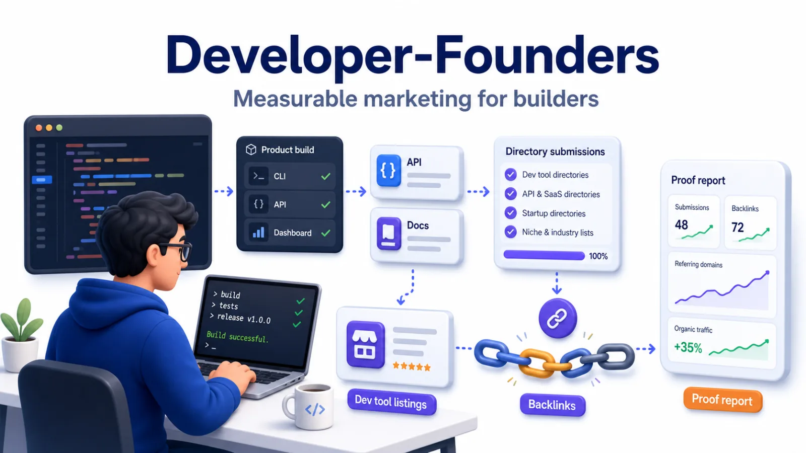 Developer-founder turning product build work into directory listings, backlinks, and proof reports