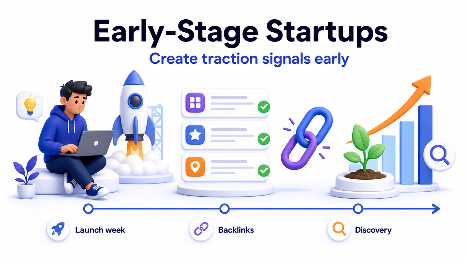 Early-stage startup creating traction signals through launch week, backlinks, and discovery
