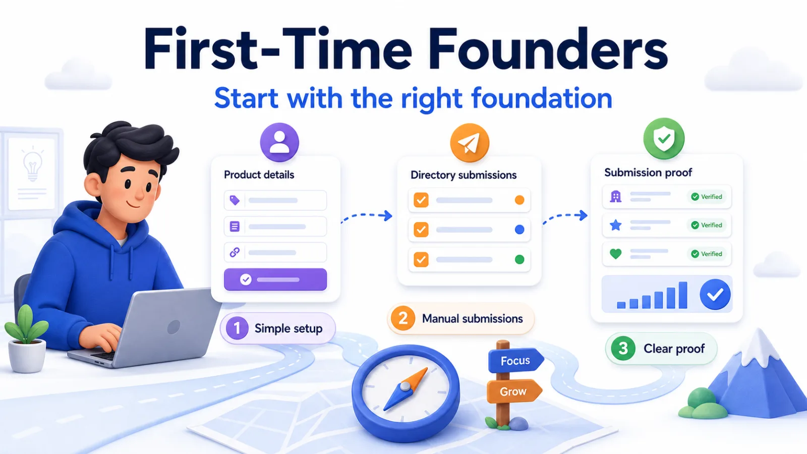 First-time founder following a simple path from product details to manual submissions and proof reports