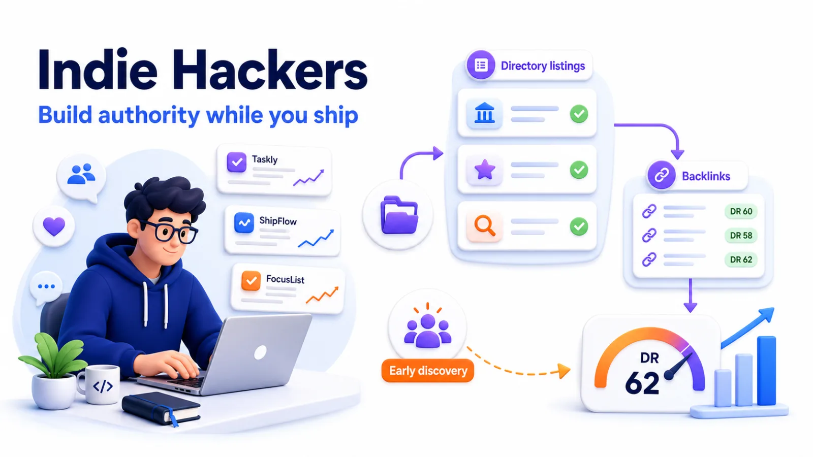 Indie hacker building startup authority through directory listings, backlinks, and early discovery