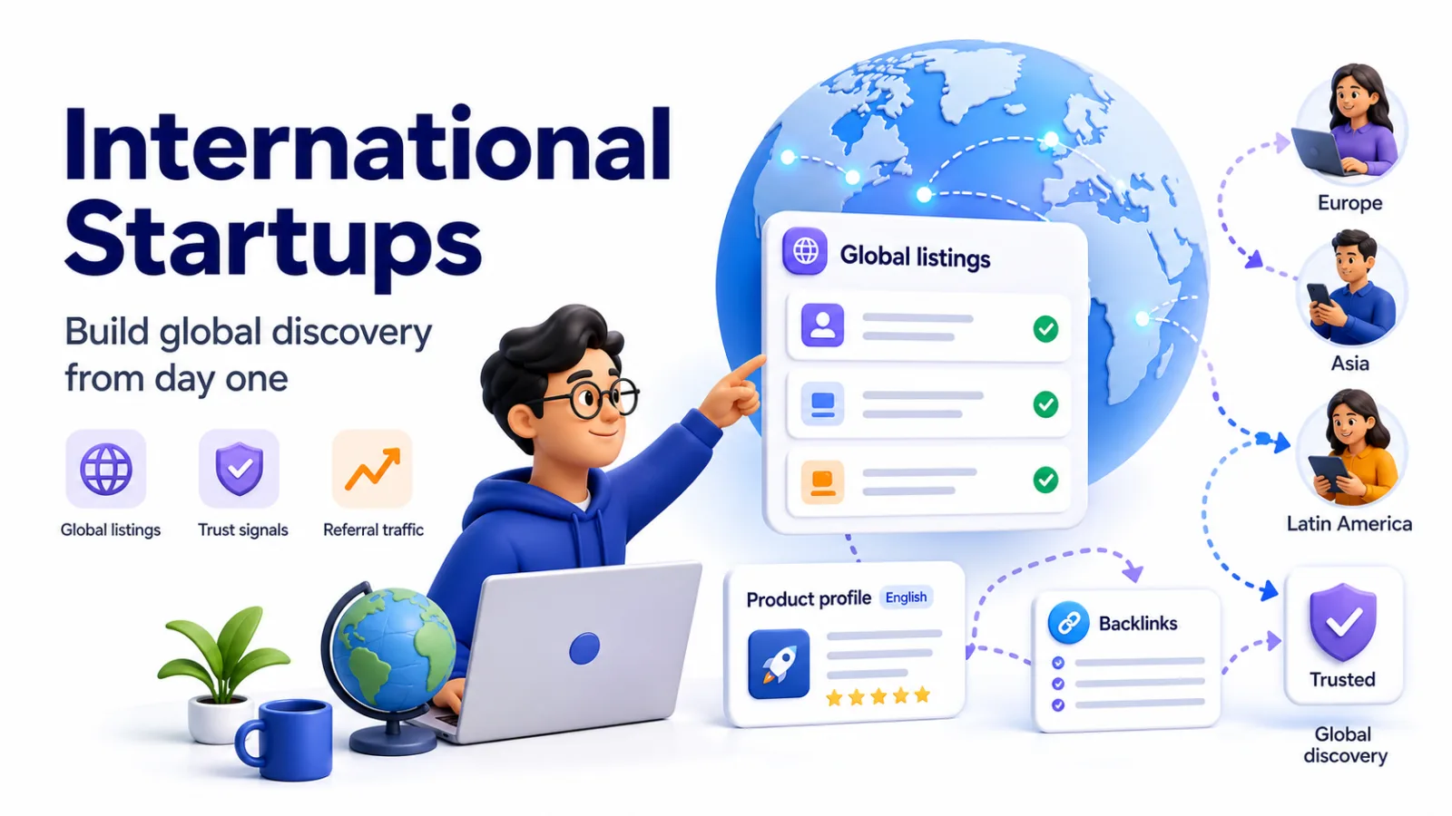 International startup founder building global discovery with directory listings, trust signals, and referral traffic