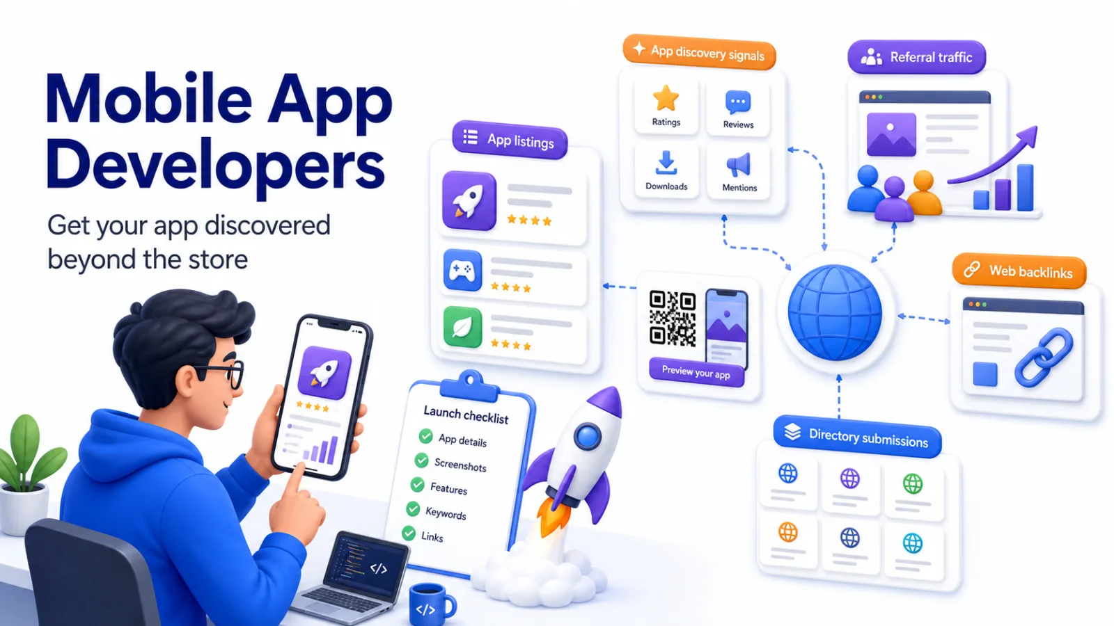 Mobile app developer growing app discovery with directory submissions, referral traffic, and web backlinks