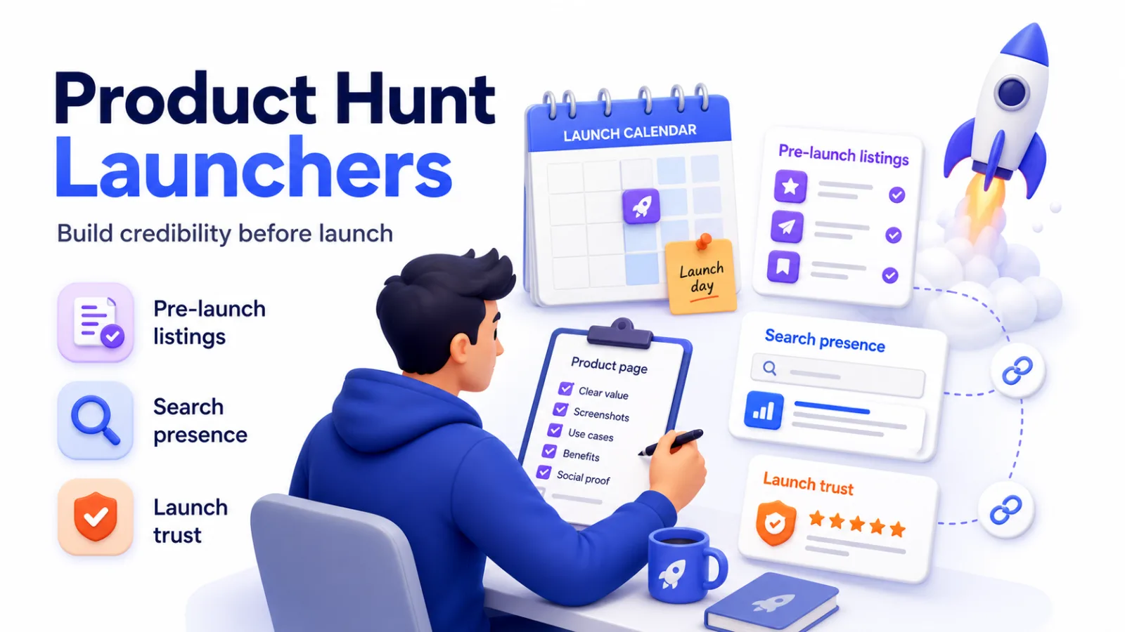 Product Hunt launch preparation with pre-launch listings, search presence, and launch trust signals