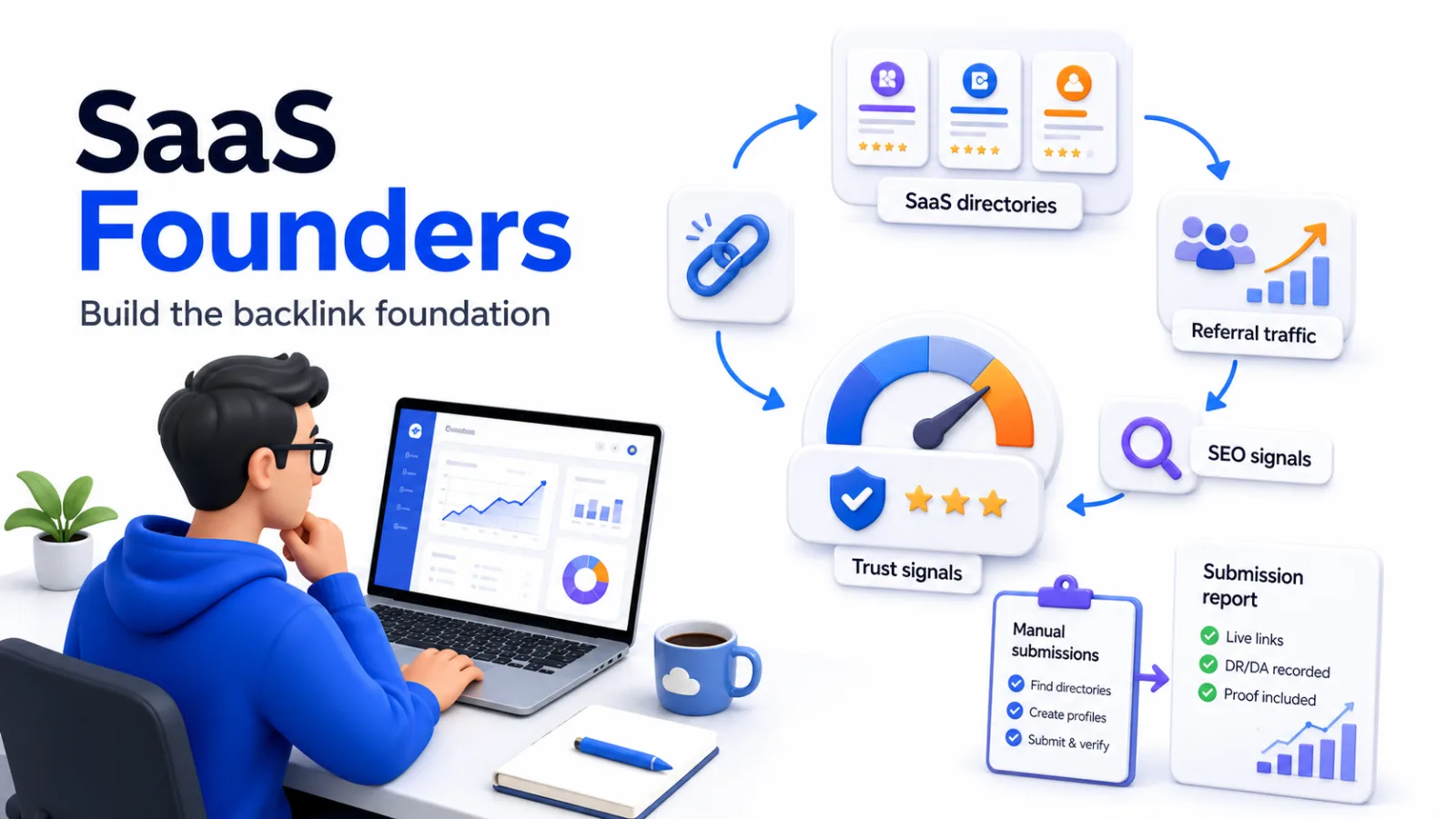 SaaS founder building a backlink foundation with SaaS directories, referral traffic, and SEO signals