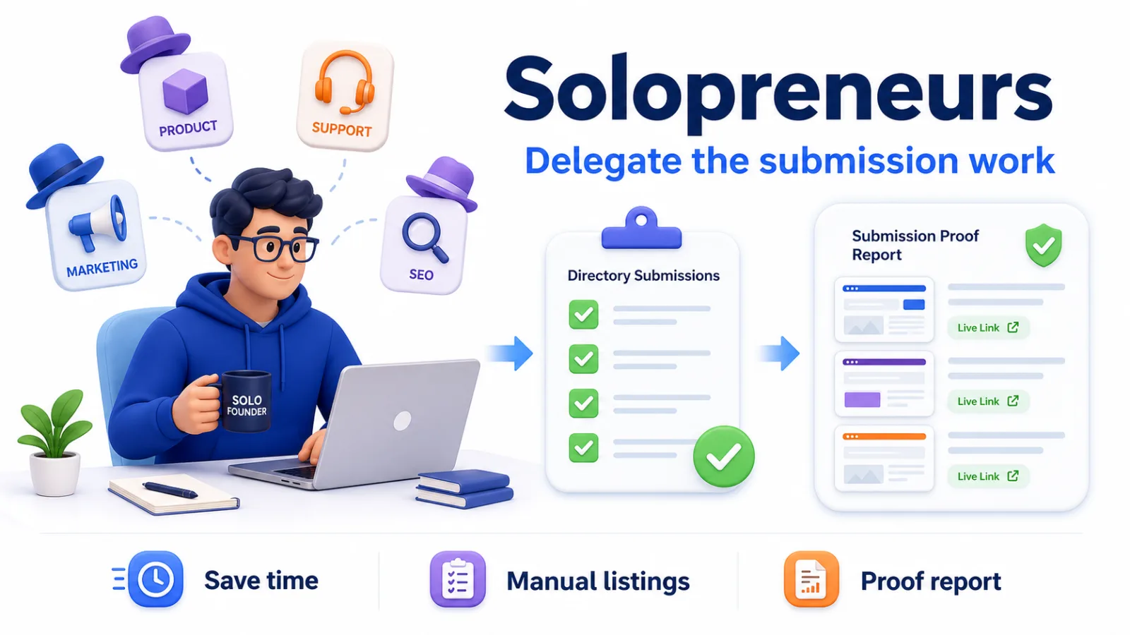 Solopreneur delegating manual directory submissions and receiving proof reports