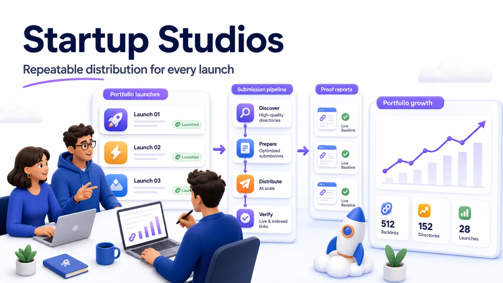 Startup studio running a repeatable directory submission pipeline across multiple portfolio launches