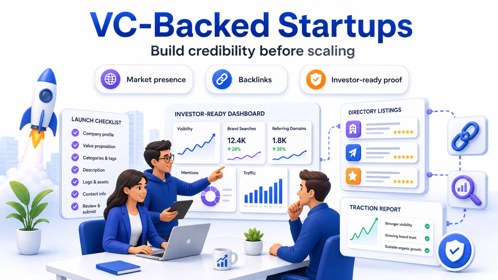 VC-backed startup team building credibility with directory listings, backlinks, and investor-ready proof