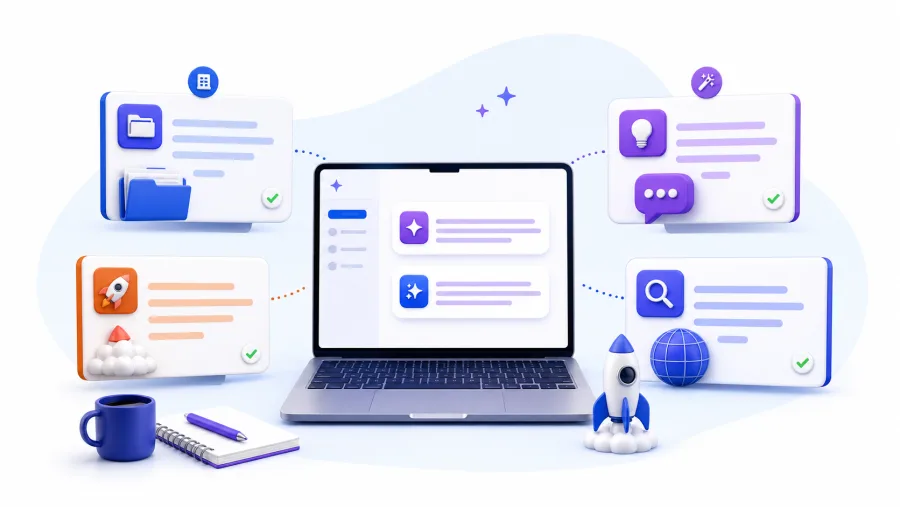 SubmitWell free startup tools illustration for directory copy, taglines, launch copy, and SEO metadata