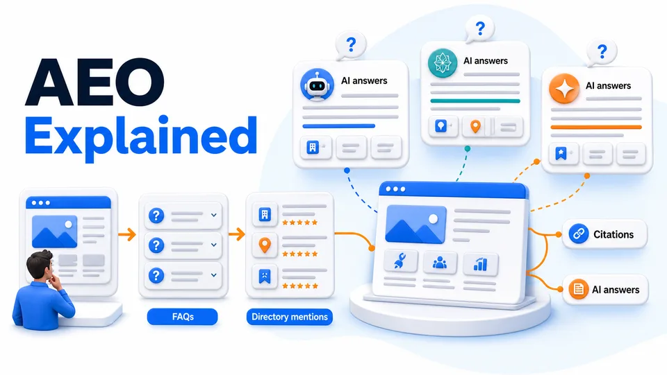 Infographic explaining Answer Engine Optimization with AI answers, citations, FAQs, directory mentions, and startup source cards