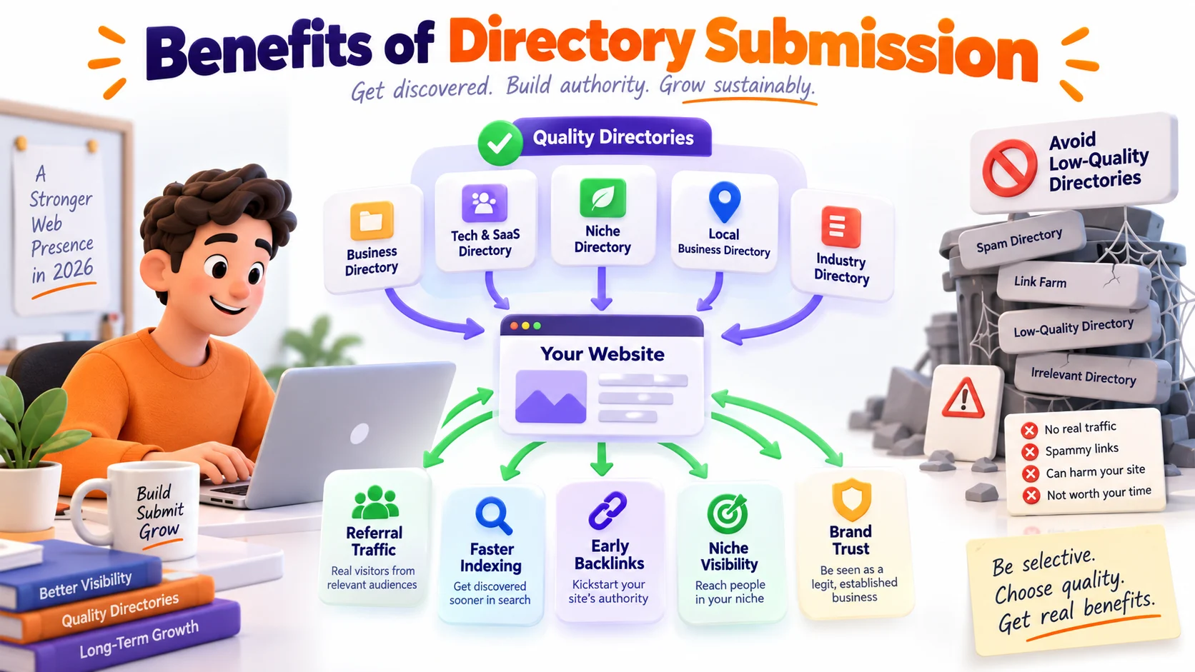 Infographic explaining benefits of directory submission with referral traffic, faster indexing, early backlinks, niche visibility, brand trust, and warnings about low-quality directories