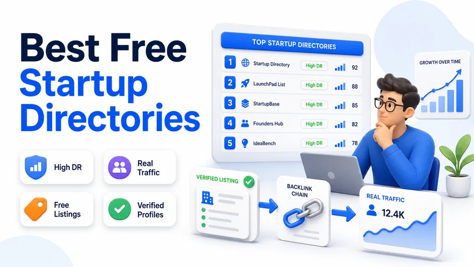 Infographic showing the best free startup directories ranked by high domain rating, real traffic, free listings, and verified profiles