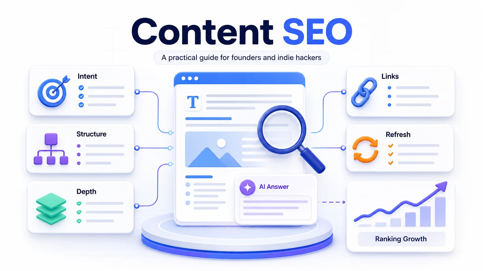 Infographic explaining Content SEO for founders with search intent, structure, depth, internal links, freshness, AI answers, and ranking growth