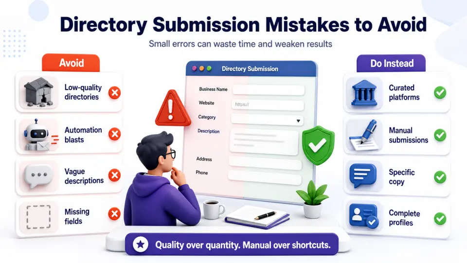Infographic showing directory submission mistakes to avoid and the better manual submission approach