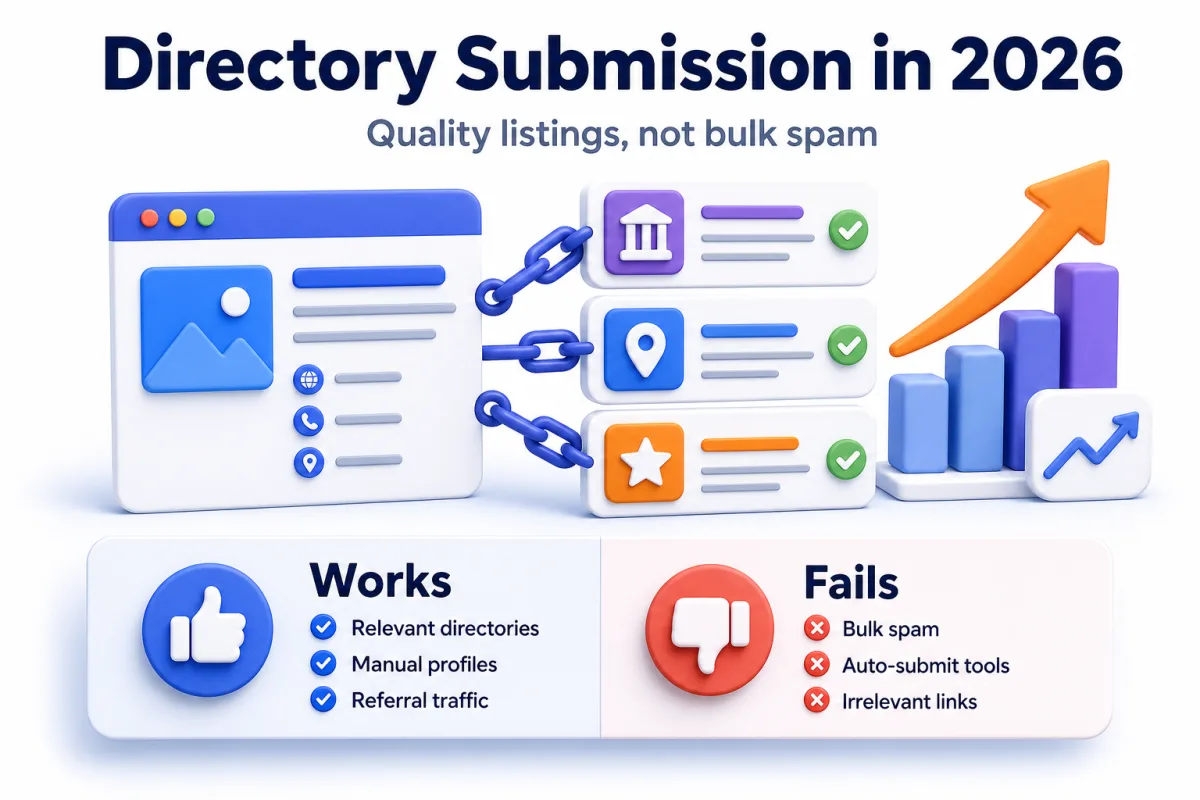 Infographic explaining directory submission in 2026 with quality listings, manual profiles, referral traffic, and bulk spam risks