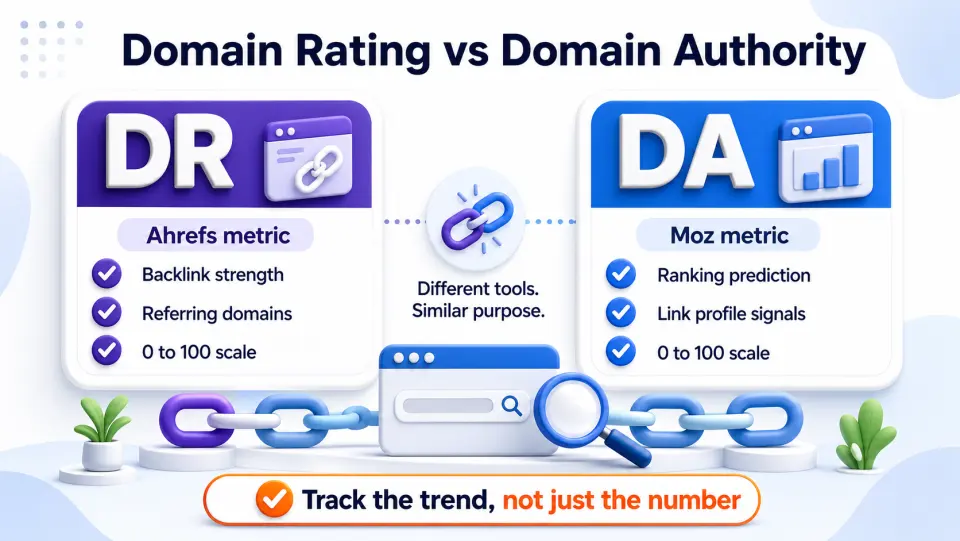 Infographic comparing Domain Rating from Ahrefs and Domain Authority from Moz for startup SEO tracking