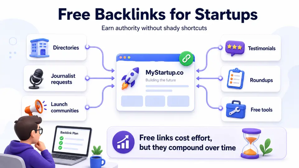Infographic showing free backlink sources for startups including directories, journalist requests, launch communities, testimonials, roundups, and free tools