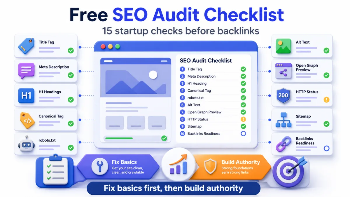 Infographic showing a free SEO audit checklist for startups with title tags, meta descriptions, headings, canonical tags, robots.txt, alt text, Open Graph previews, and backlink readiness