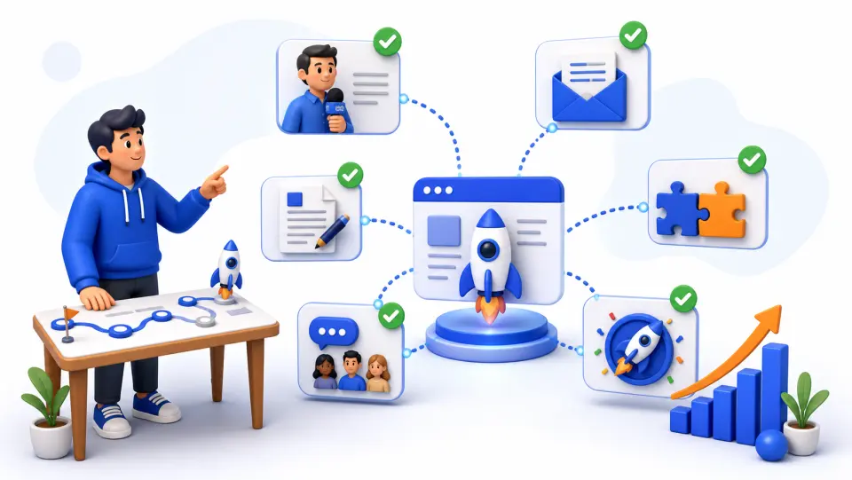 Illustration of a startup building backlinks from directories and launch platforms