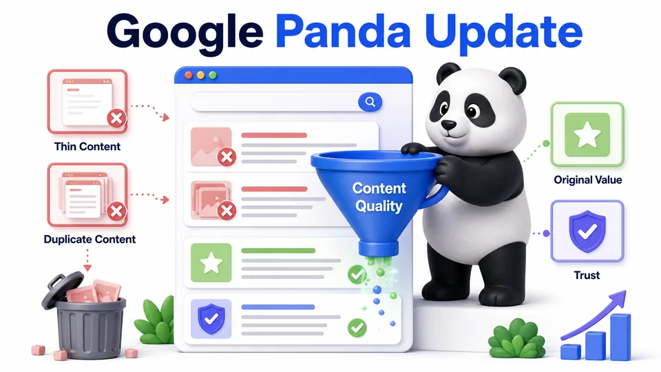 Infographic explaining the Google Panda update with content quality filtering, thin content, duplicate content, original value, and trust signals