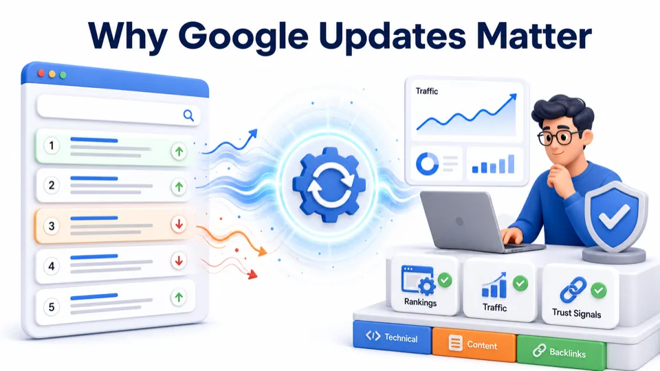 Infographic showing why Google updates matter for SEO with ranking movement, traffic charts, trust signals, and a resilient SEO foundation