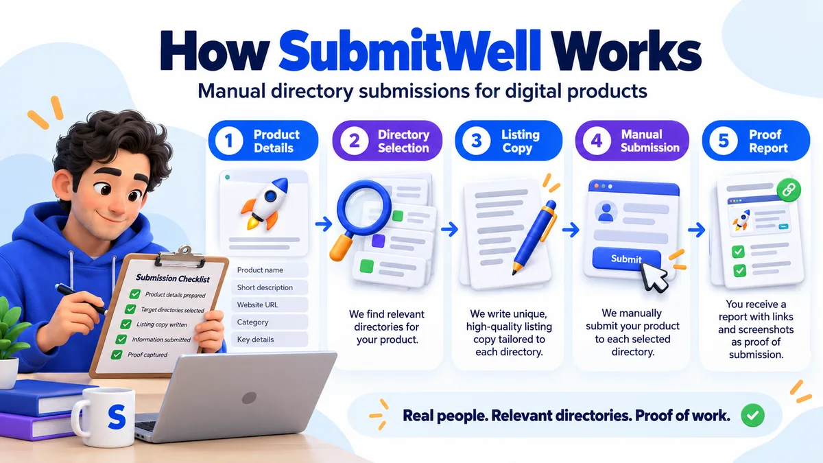 Founder reviewing a directory submission services checklist for a digital product