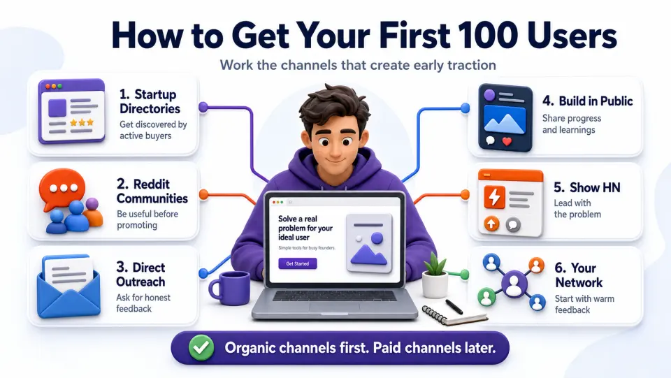 Infographic showing organic channels for getting the first 100 startup users including directories, communities, outreach, launch platforms, and networks