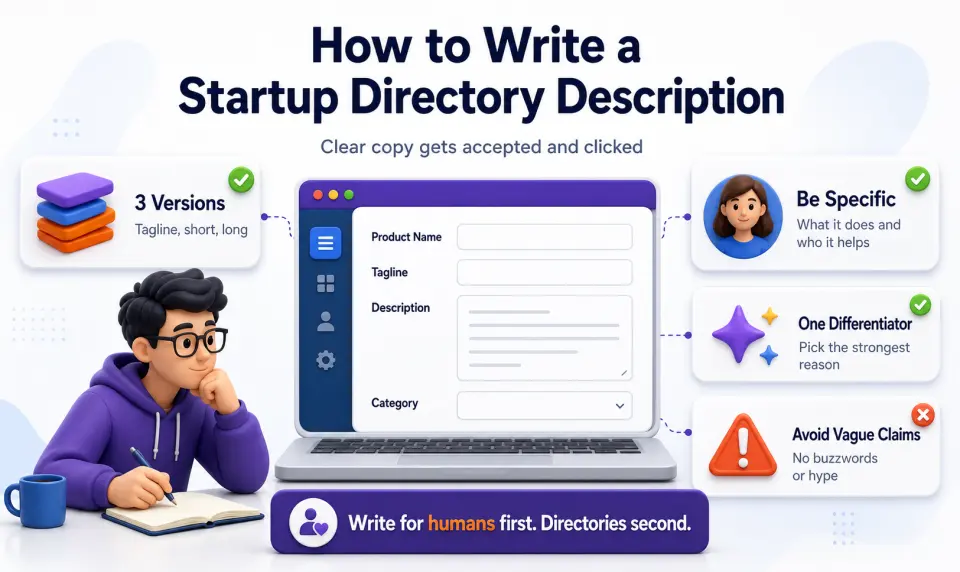 Infographic showing how to write a startup directory description with clear versions, specificity, differentiation, and simple language