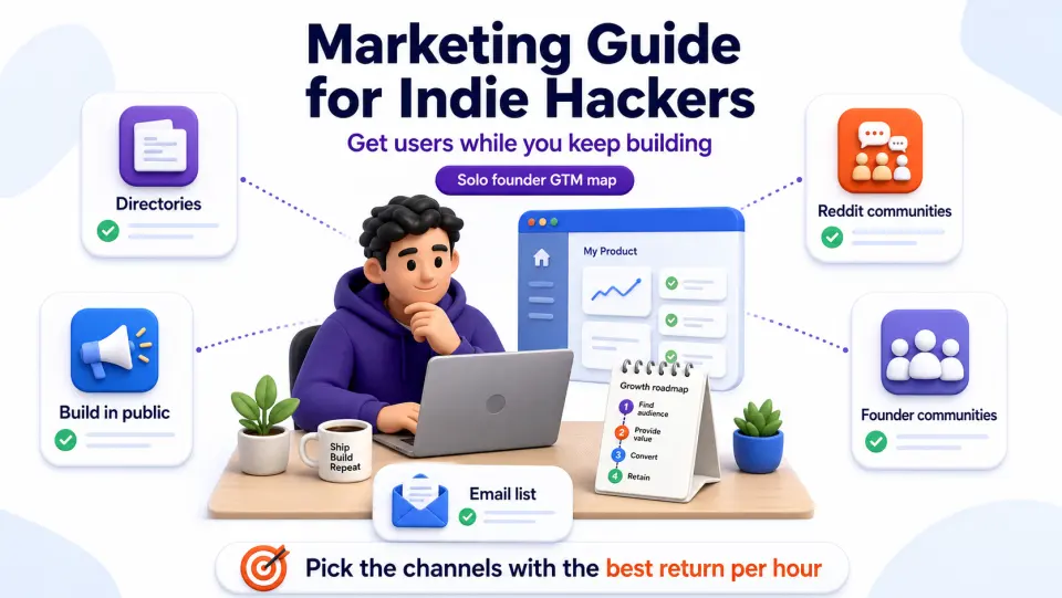 Infographic showing a solo founder marketing map with directories, build in public, Reddit communities, founder communities, and email list channels