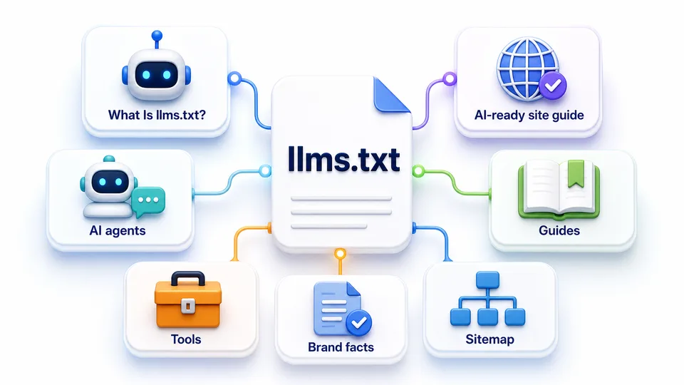 Infographic explaining llms.txt for startup websites with AI agents, brand facts, guides, tools, and sitemap references