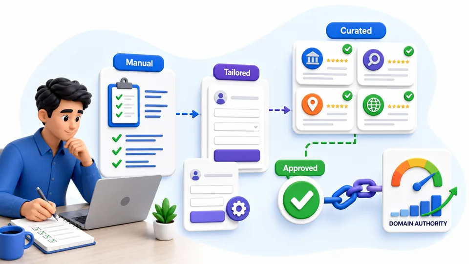 Infographic showing manual directory submission with curated directories, tailored listings, approval checks, backlinks, and domain authority growth