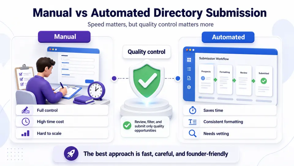 Infographic comparing manual and automated directory submission for founders, including control, time cost, scale, consistency, vetting, and quality control