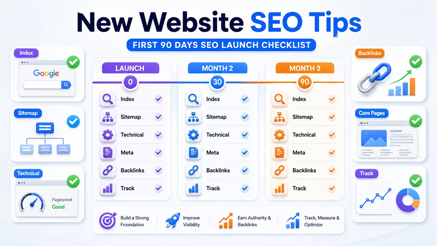 Infographic showing new website SEO tips for the first 90 days, including indexing, sitemap, technical SEO, meta tags, backlinks, core pages, and tracking