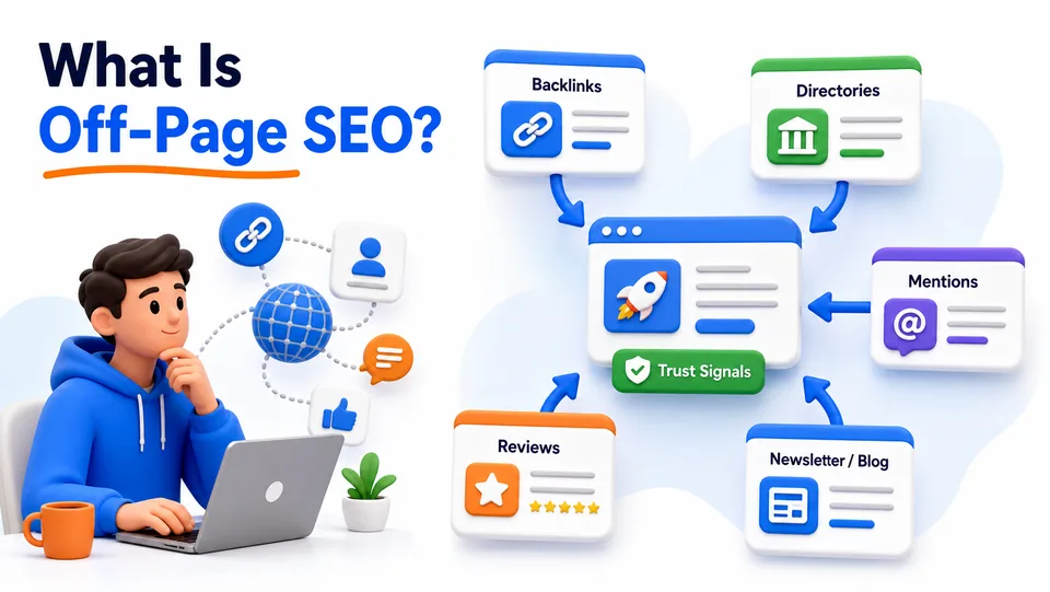 Infographic explaining off-page SEO with backlinks, directory submissions, brand mentions, reviews, and trust signals pointing to a startup website