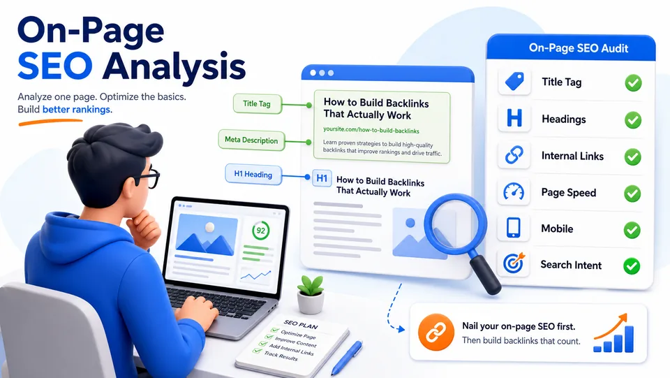 Infographic showing on-page SEO analysis with title tag, headings, internal links, page speed, mobile checks, and search intent review