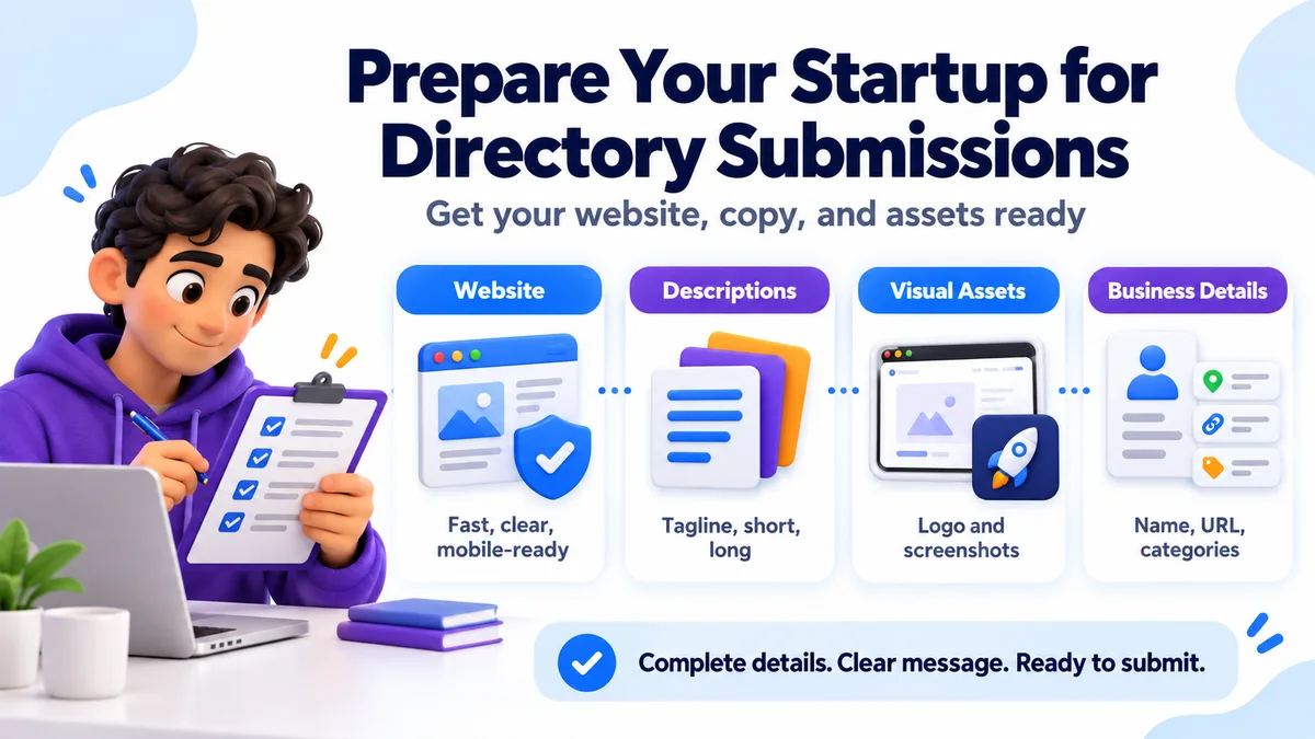 Startup founder checking a directory submission preparation checklist beside a laptop