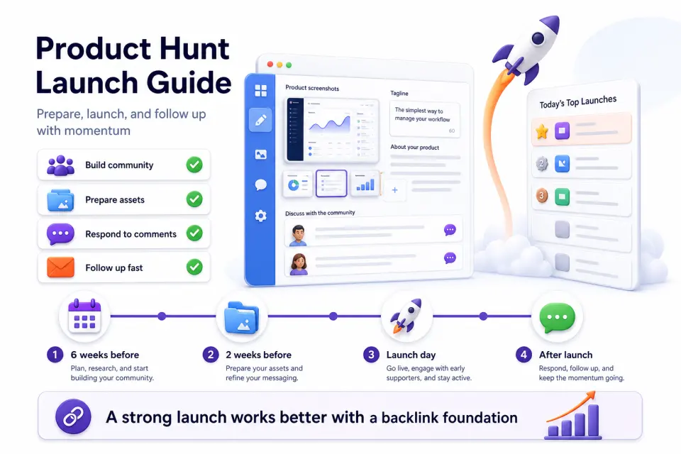 Infographic showing a founder launch workflow with community building, launch assets, launch day, and post-launch follow-up