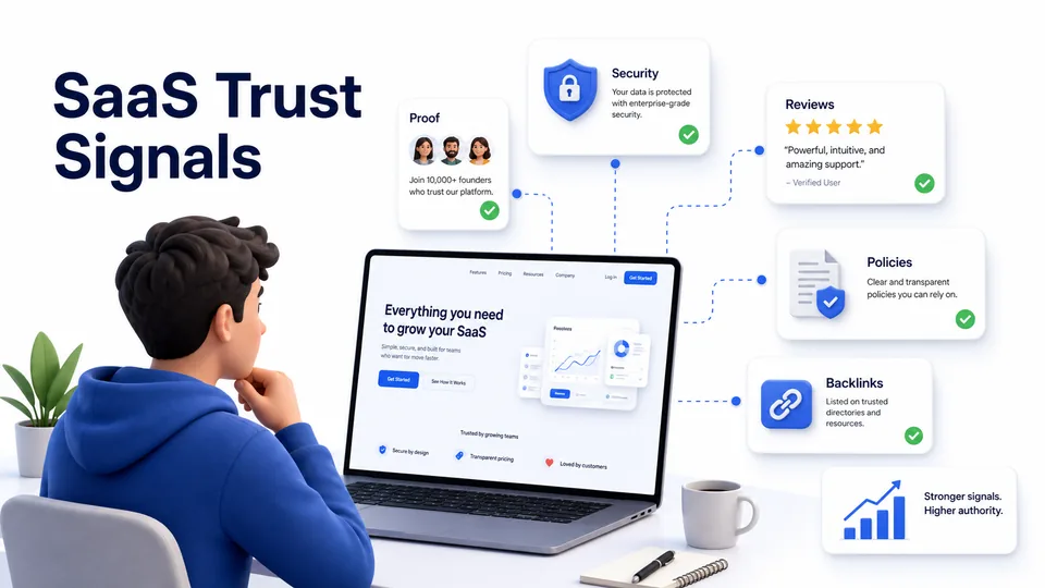 Infographic showing SaaS trust signals including proof, security, reviews, policies, backlinks, and stronger authority