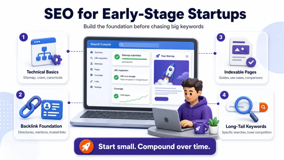 Infographic showing the SEO foundation for early-stage startups including technical basics, backlinks, indexable pages, and long-tail keywords
