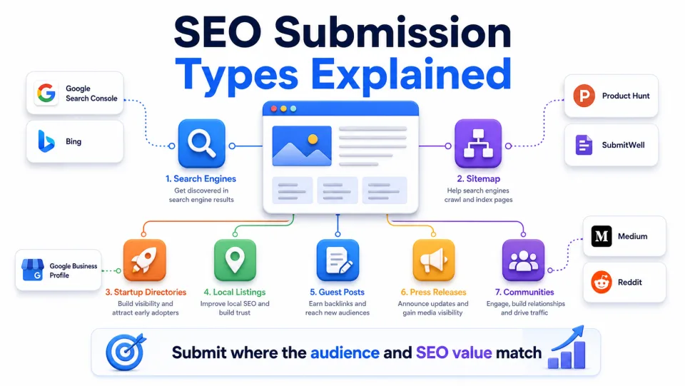 Infographic explaining seven SEO submission types including search engines, sitemaps, startup directories, local listings, guest posts, press releases, and communities