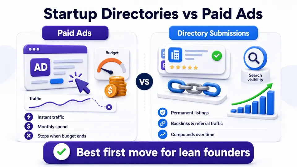 Infographic comparing paid ads with startup directory submissions for early-stage founders