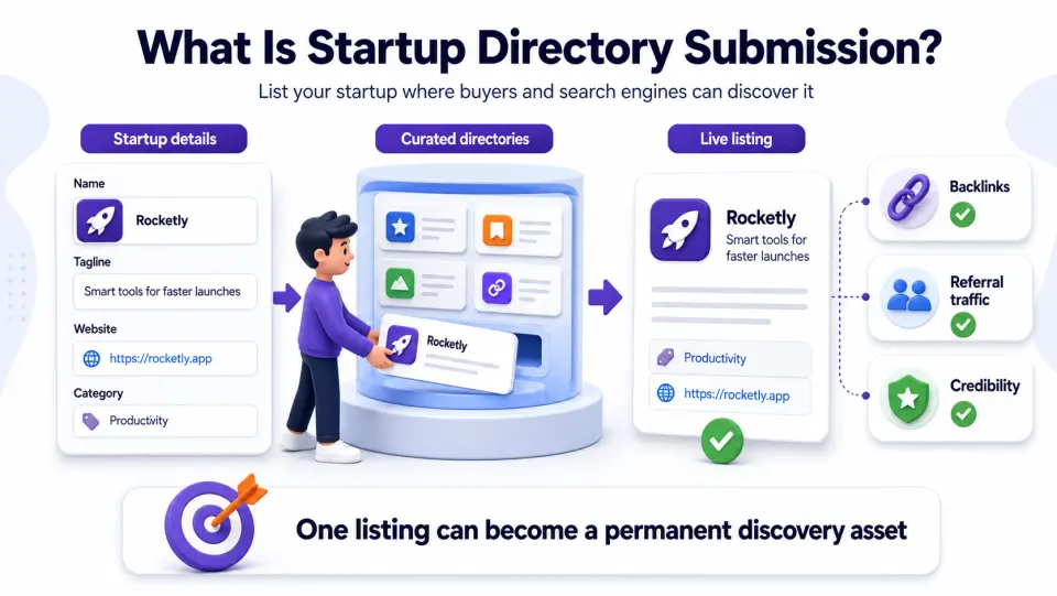 Infographic explaining startup directory submission from startup details to curated directories, live listings, backlinks, referral traffic, and credibility