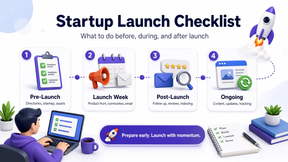 Infographic showing a startup launch checklist timeline from pre-launch to launch week, post-launch, and ongoing growth