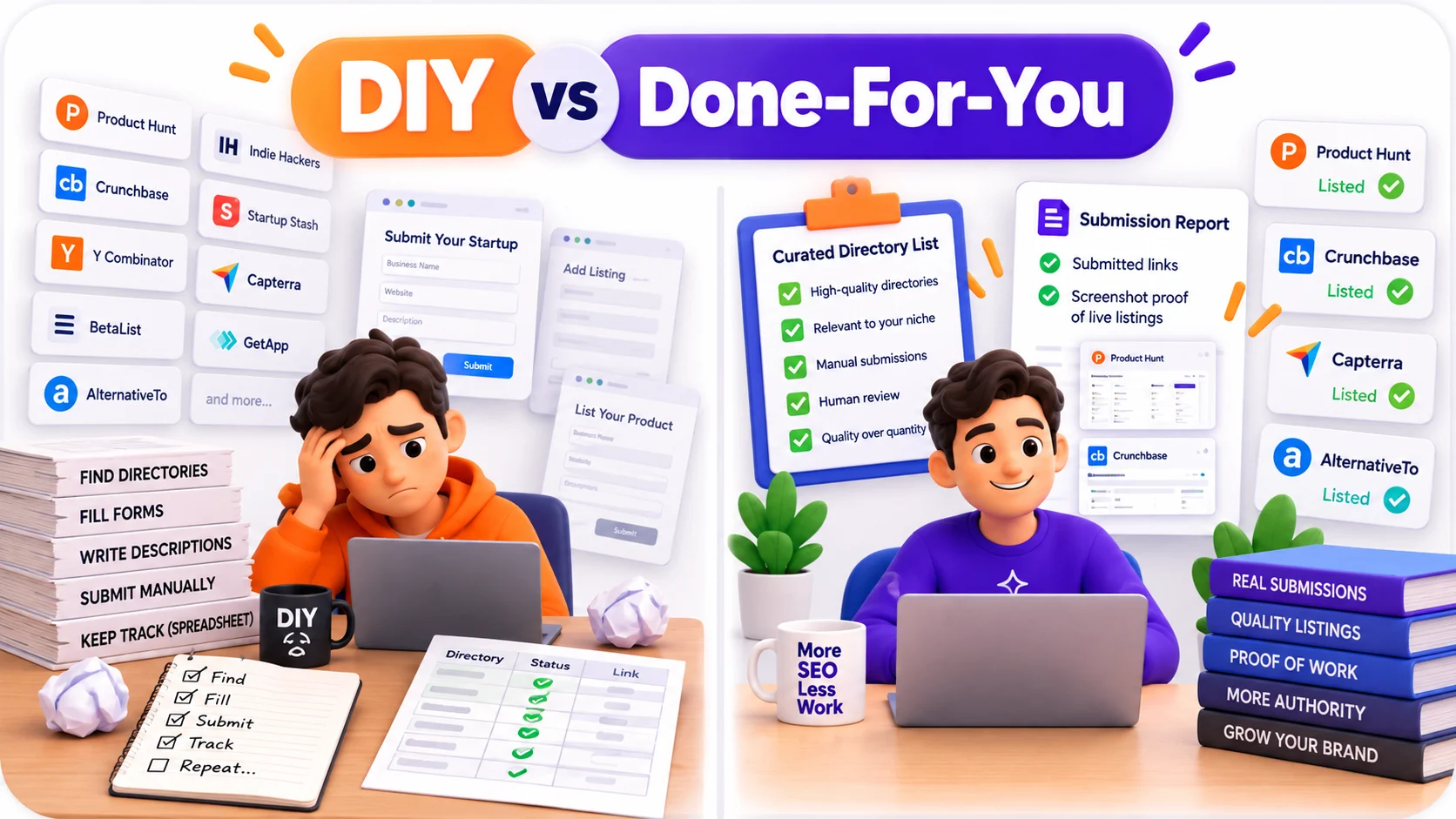 Infographic comparing DIY directory submissions with done-for-you manual service, including forms, checklists, curated directories, submitted links, screenshot proof, backlinks, and authority growth