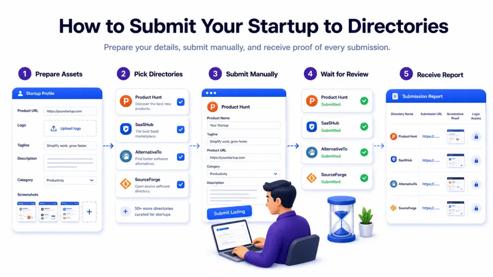 Infographic showing the startup directory submission process from preparing assets to receiving a proof report
