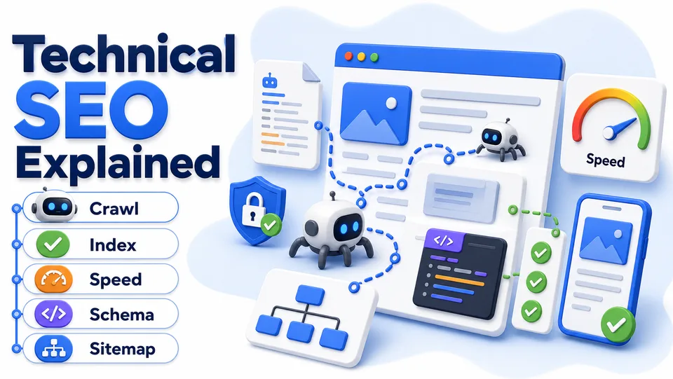 Infographic explaining technical SEO with crawl, index, speed, schema, sitemap, mobile, HTTPS, and search crawler checks