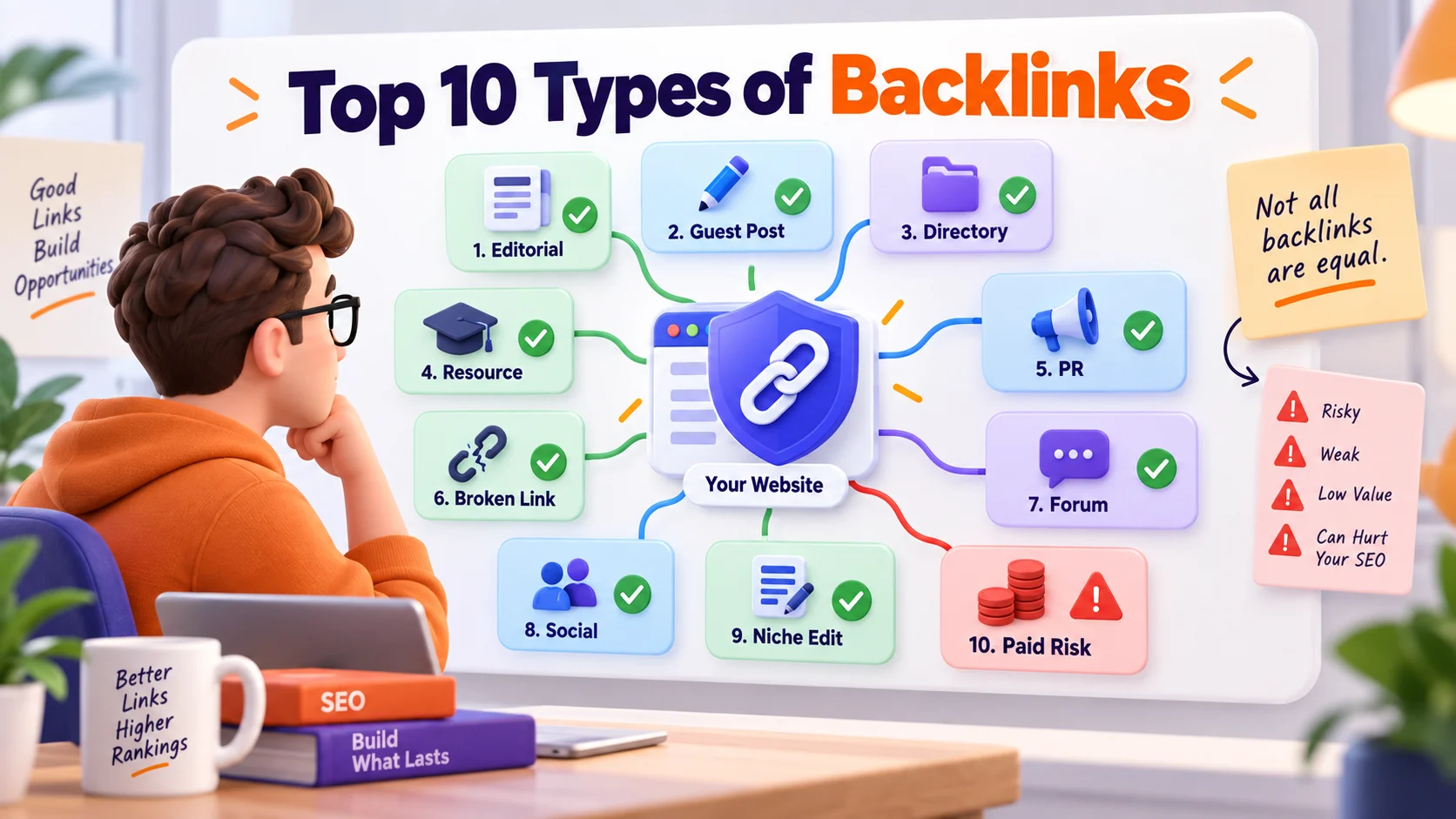 Infographic explaining the top 10 types of backlinks with safe links, risky paid links, directory backlinks, editorial backlinks, PR links, and a website authority shield