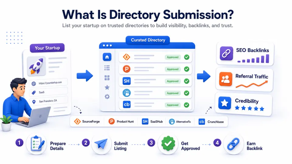 Infographic explaining how directory submission creates backlinks, referral traffic, and credibility for startups