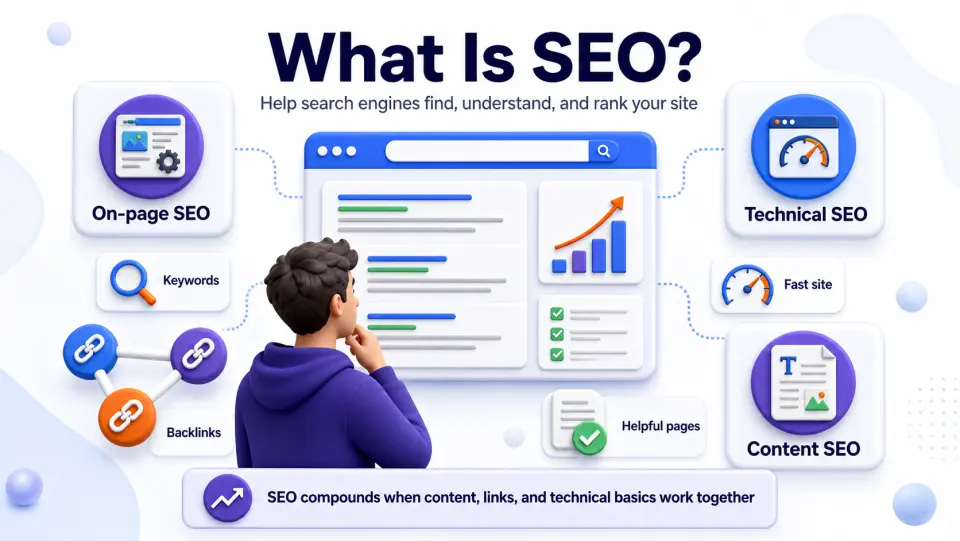 Infographic explaining SEO for startups with on-page SEO, technical SEO, off-page SEO, content SEO, keywords, fast site, backlinks, and helpful pages